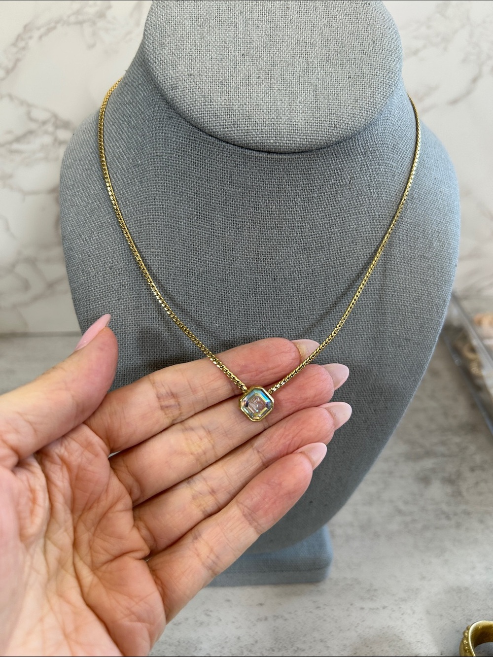 Vintage Avon Gold Chain Necklace with Iridescent Crystal Square Pendant